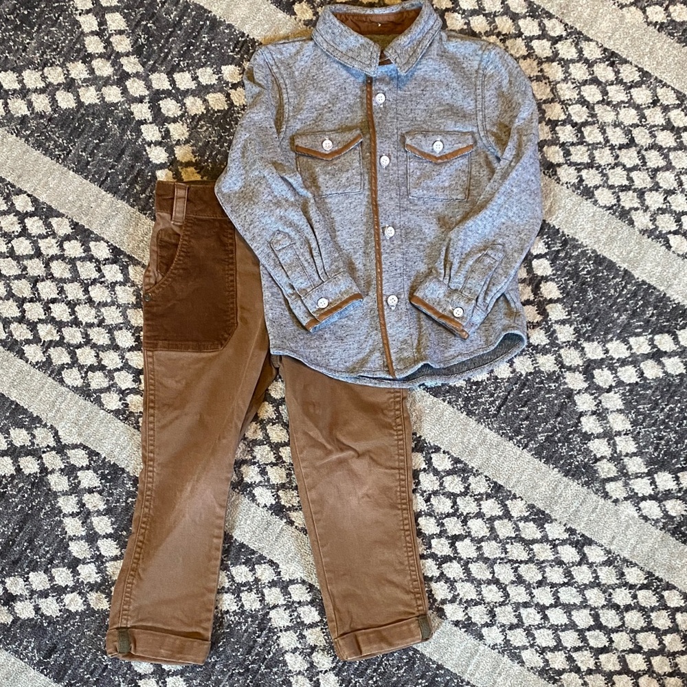 OshKosh B'gosh Gray and Brown Kids Shirt & Brown Corduroy Pants Set - Size: 3T